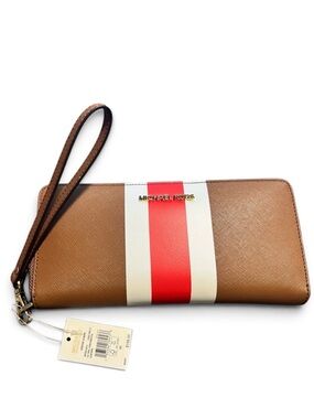 NWT Michael Kors Brown leather Wristlet Wallet with Red and White Centre Stripe